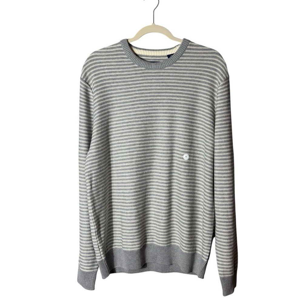 Ralph Lauren Chaps Sweater Large Preppy Academia Striped Grey White Varsity NWT